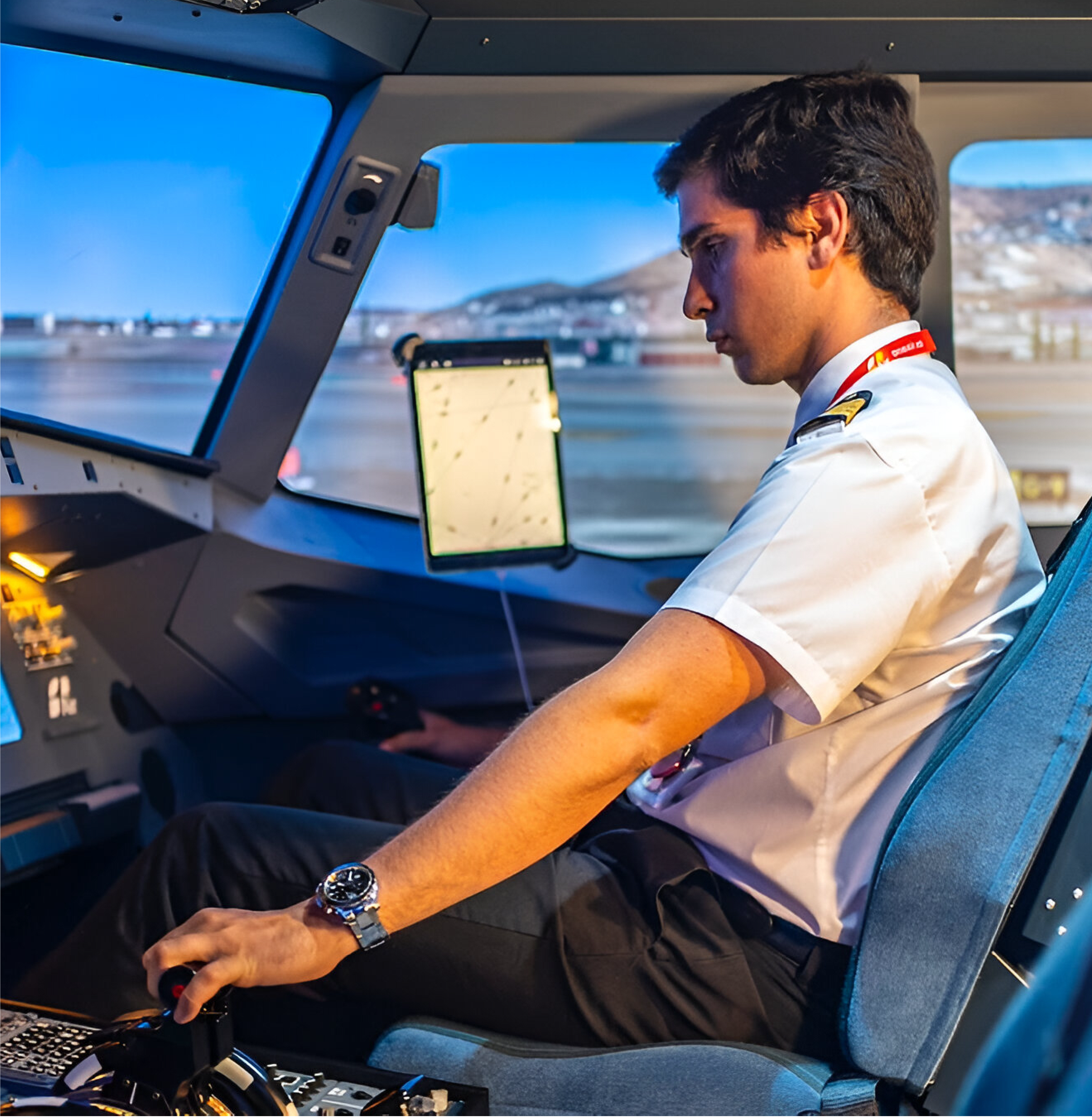 Pilot in the cockpit with flight technology